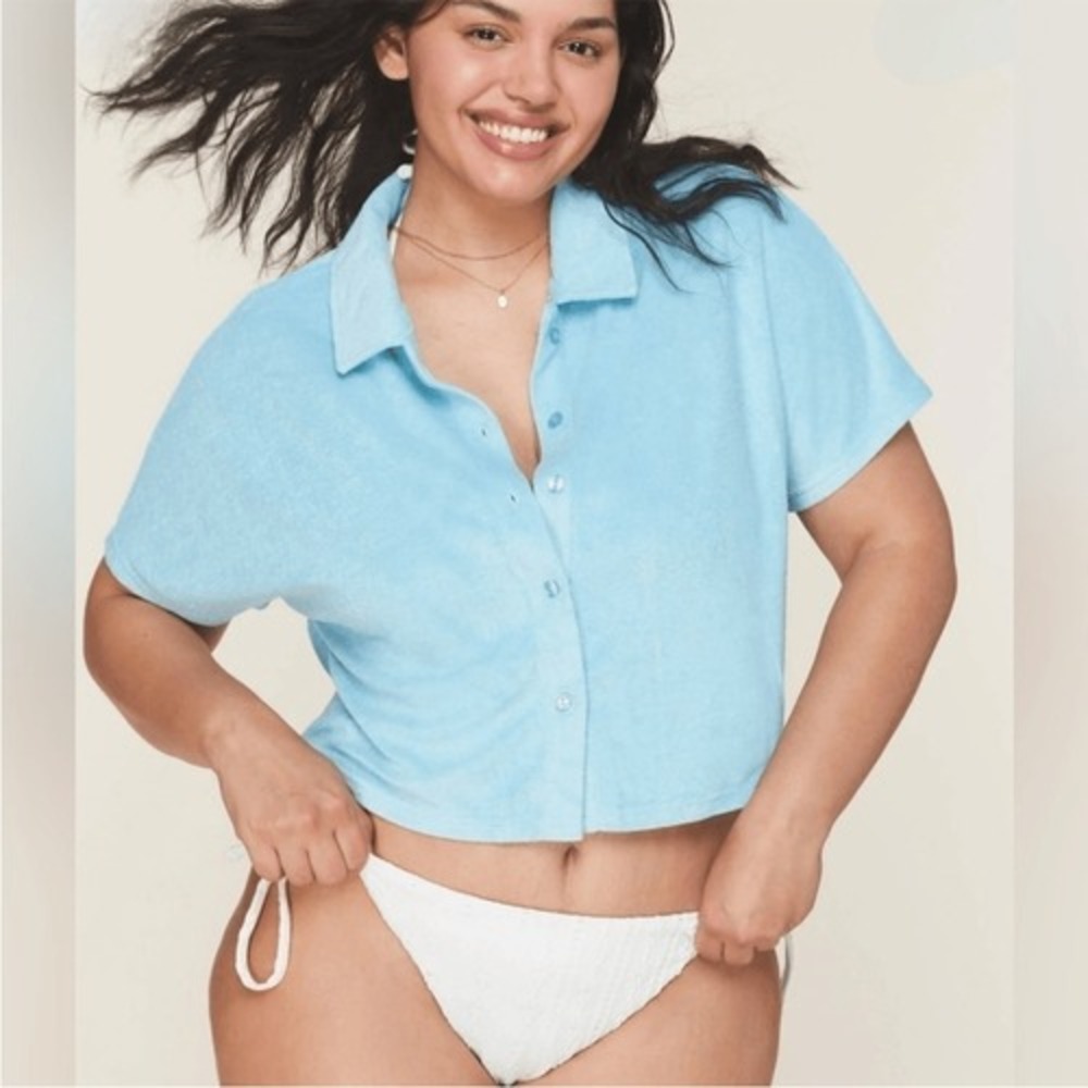 Andie Swim The Cropped Button Up Swim Coverup Terry Shirt Cabana Blue Size S NWT